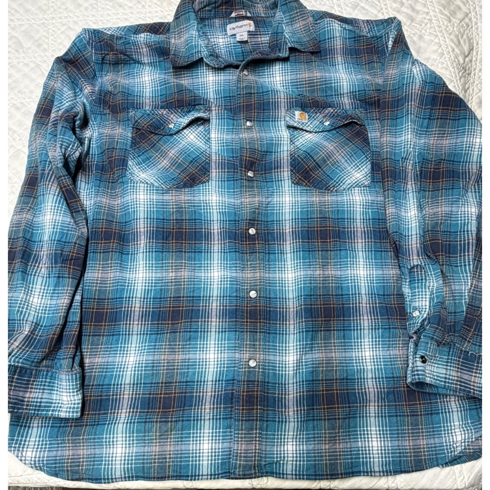 Carhartt Flannel Shirt Mens 2XL Blue Plaid Relaxed Fit Long Sleeve pearl snap